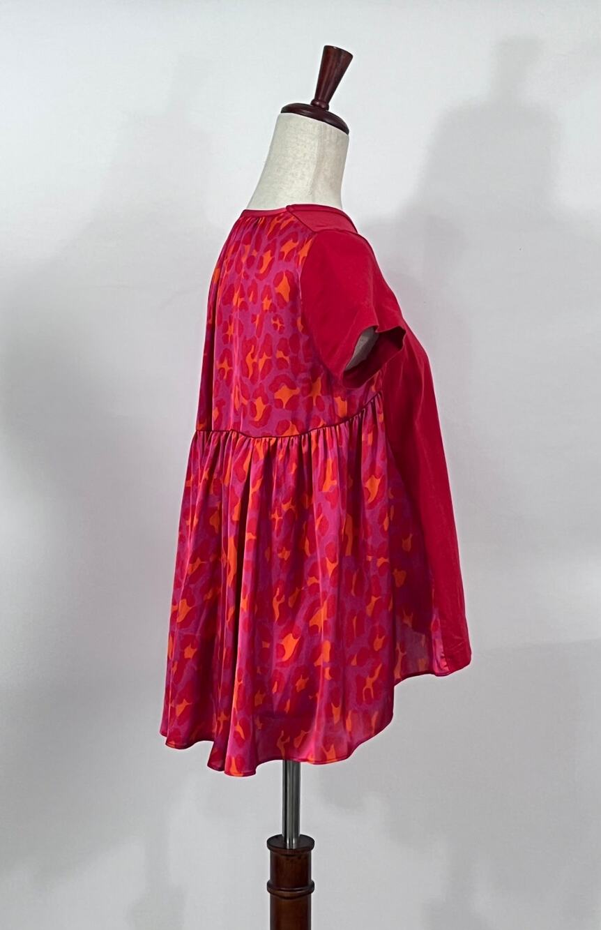SACAI Sz 1 S Small Red T-Shirt Top Tee Mixed Media Pleated Animal Print